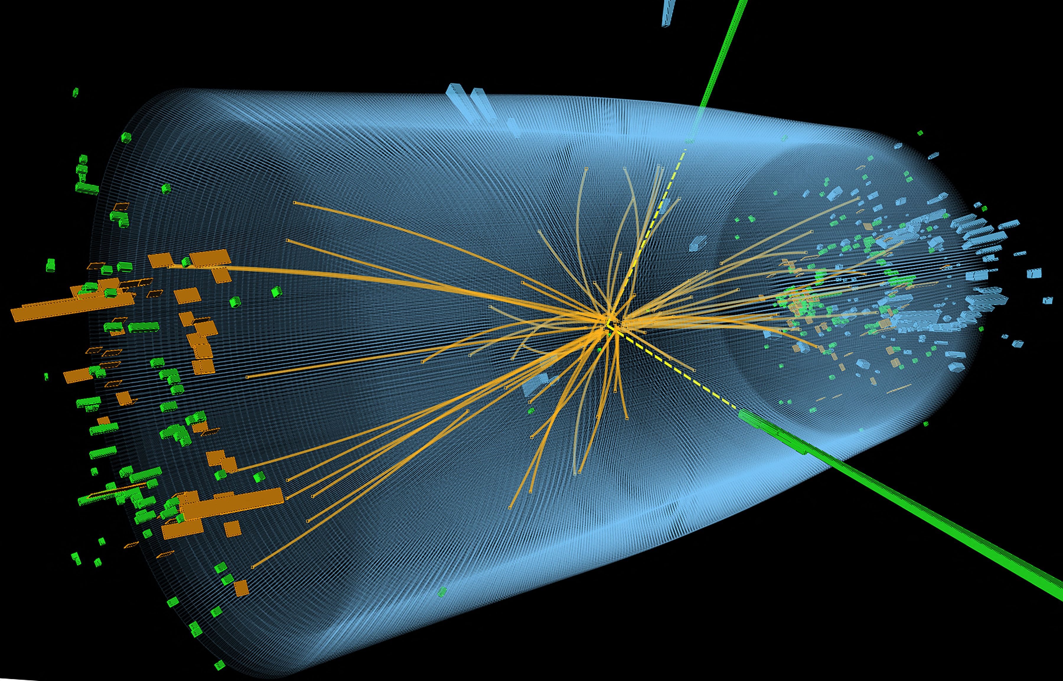 La imagen muestra una representación de rastros de una colisión protón-protón medida en la experiencia Compact Muon Solenoid (CMS), en la búsqueda del bosón de Higgs. (Foto: AFP)