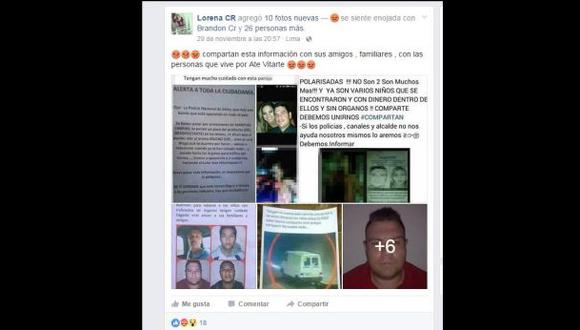 Desde hace unos a&ntilde;os publicaciones de Facebook denunciaban a supuestos secuestradores de ni&ntilde;os y adolescentes que retiraban los &oacute;rganos de sus v&iacute;ctimas.(Facebook)