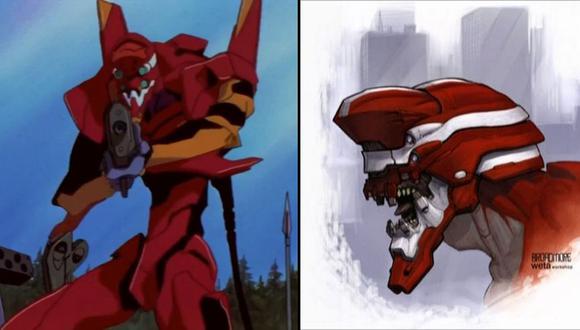 EVA 02 en el anime original vs los bocetos creados por Weta para la película de 'live action'. (Fuente: Gainax / Weta)