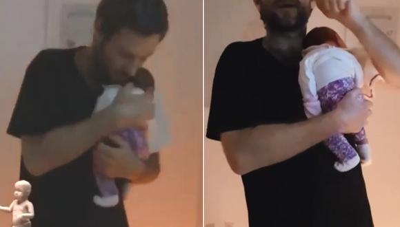 El novio de María Grazia Gamarra arrullando a su hija recién nacida. (Foto: Instagram)