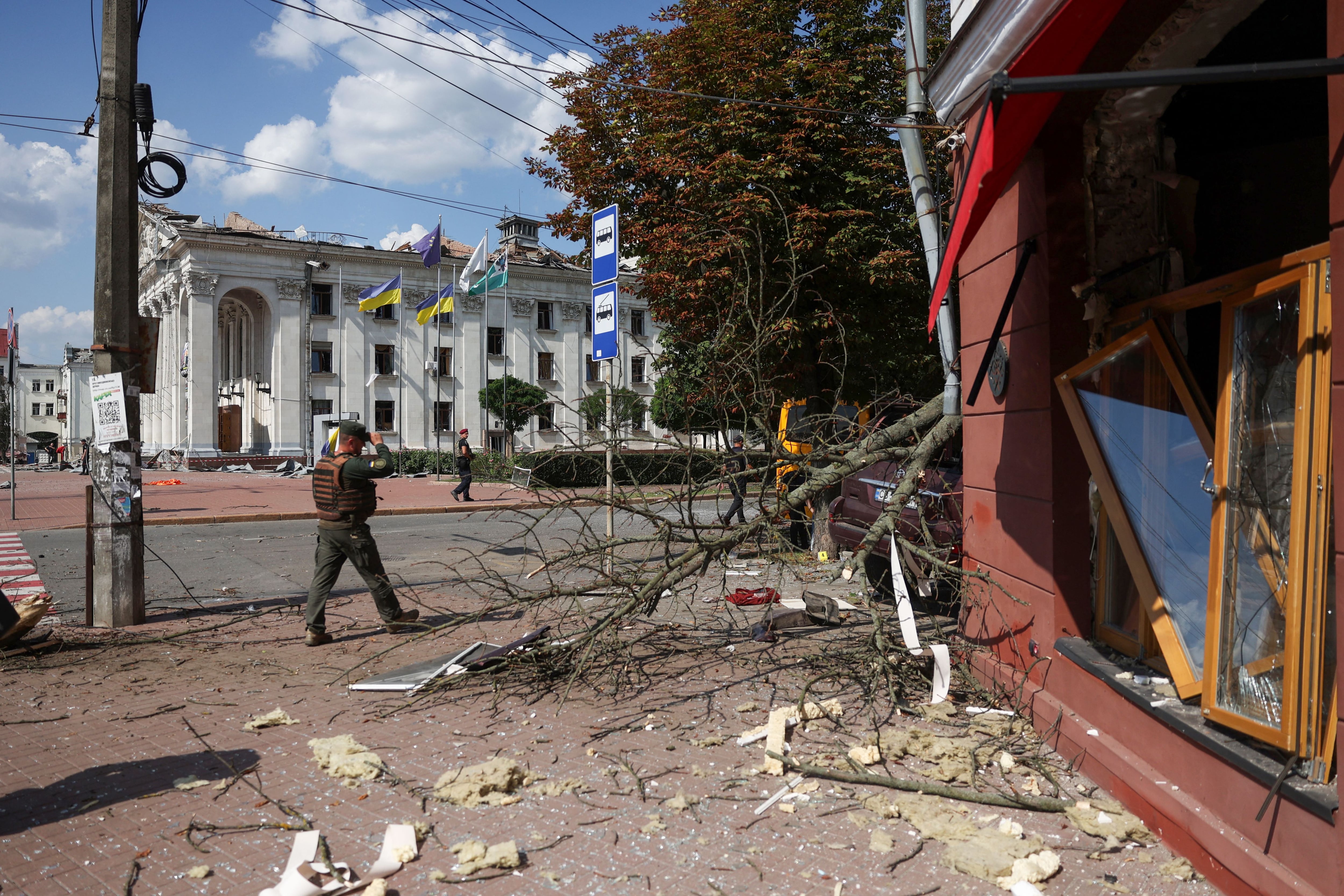 A missile attack in the center of Chernihiv, on August 19, 2023. (Photo by Anatolii STEPANOV / AFP)