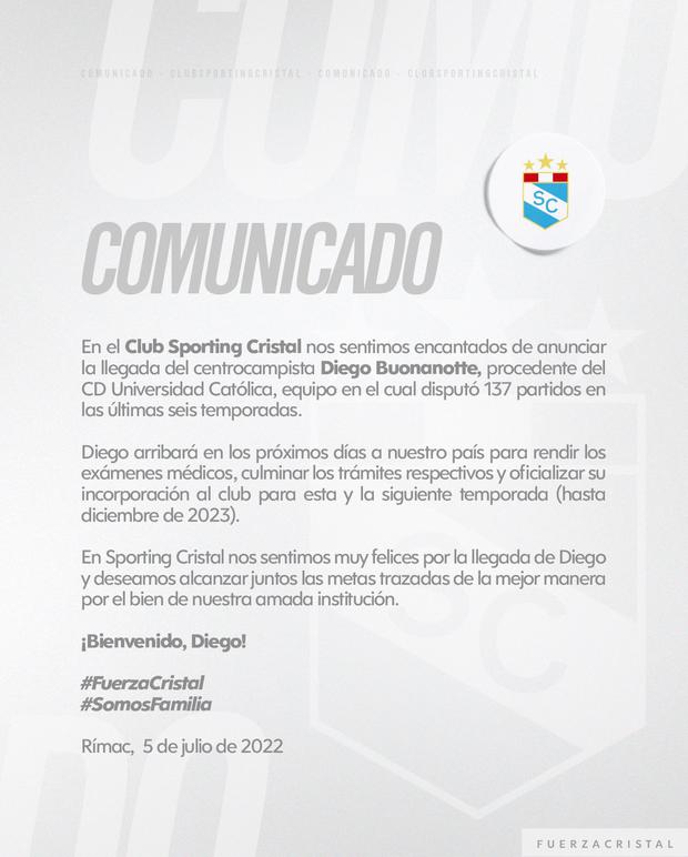 Buonanotte jugará en Sporting Cristal hasta diciembre de 2023.