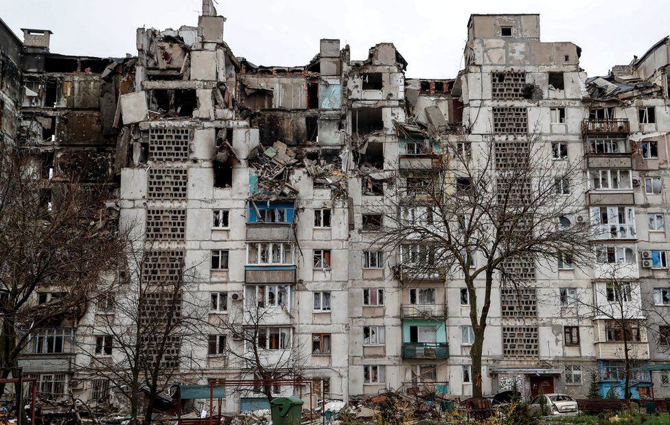 A residential building affected by shelling in Mariupol.  (REUTERS).