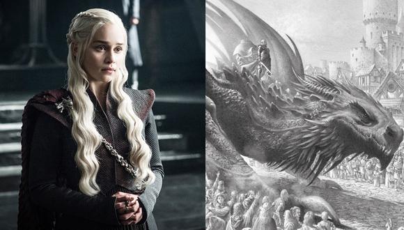 A la izquierda Daenerys Targaryen (Emilia Clarke), una de las protagonistas de "Game of Thrones". A la derecha su ancestro Aegon, primer rey Targaryen de los Siete Reinos. fuente: HBO/ Penguin Random House.