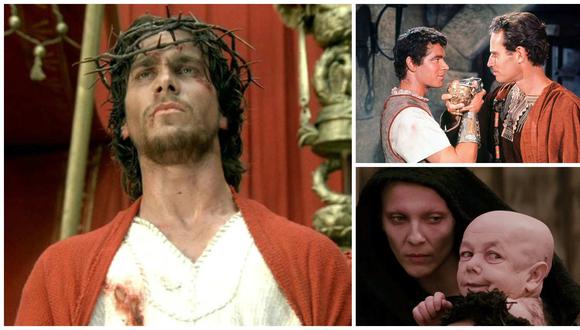 En sentido horario, escenas de "María, madre de Jesús", "Ben-Hur" y "La pasión de Cristo". Todas esta películas pueden verse en streaming.