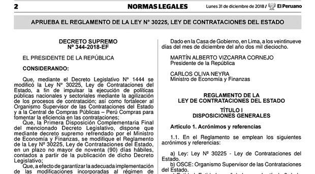 Supreme Decree 344-2018, signed by Vizcarra and then-minister Carlos Oliva, was issued to modify articles of the procurement law, such as specifying eligibility requirements.
