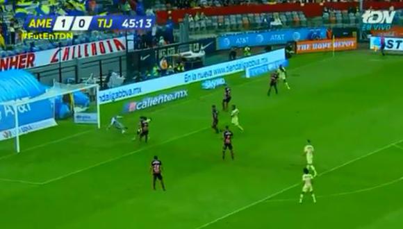 Andrés Ibargüen anotó este buen gol en el epílogo del primer tiempo en el duelo entre América y Tijuana, por la jornada 13° de la Liga MX. (Foto: captura de video)