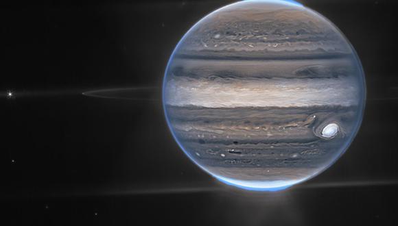 En una vista de campo amplio, el telescopio James Webb ve a Júpiter con sus anillos tenues. (Foto: Twitter NASA)