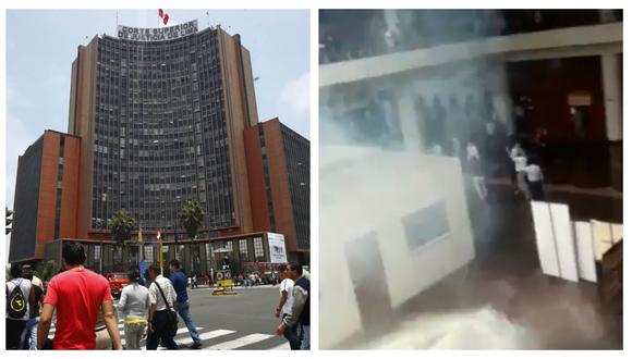 Los gases de las bombas lacrimógenas provocó alarma en los trabajadores de la sede judicial y litigantes que tuvieron que evacuar el local en el Cercado de Lima.(Foto: Andina/Captura)