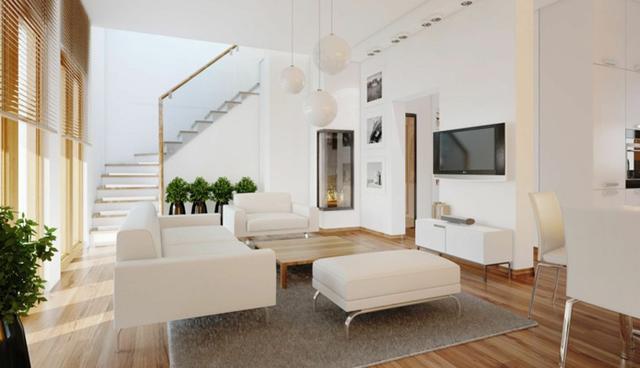 Al no tener demasiados objetos u accesorios, el estilo minimalista permite lograr espacios equilibrados. En esta sala, los muebles blancos y la madera combinan a la perfección. Una buena idea también es añadir punto de color a través de plantas. (Foto: IDEADEYA design studio)