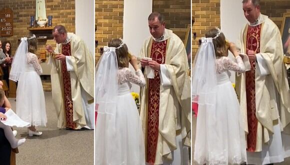 El sacerdote tuvo una peculiar reacción tras ver que la niña seguía tomando de la copa. | FOTO: 
@stefanie_heidebrink / TikTok
