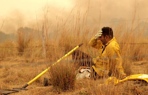Un bombero reacciona mientras otros bomberos y residentes locales (no en la foto) luchan contra un incendio forestal que se ha extendido para cubrir más de 500.000 hectáreas en Corrientes, Argentina. (REUTERS/Sebastian Toba). 
