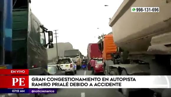 Congestionamiento vehicular en autopista Ramiro Prialé. (Foto: América Noticias)