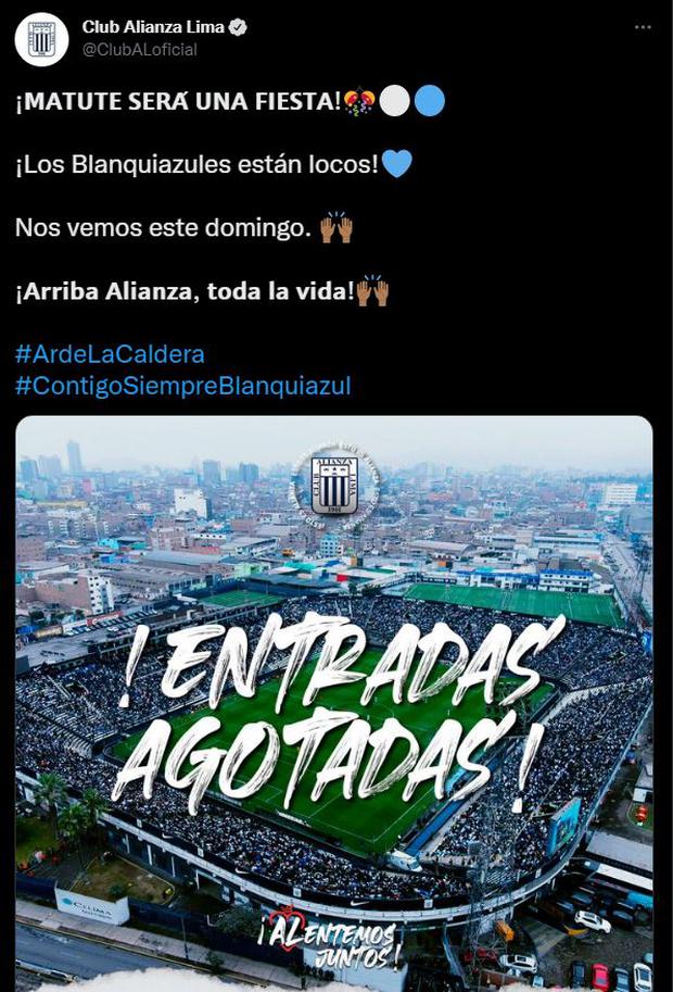 Alianza Lima anunció que entradas para el clásico contra Universitario de Deportes se agotaron. (Foto: Captura)