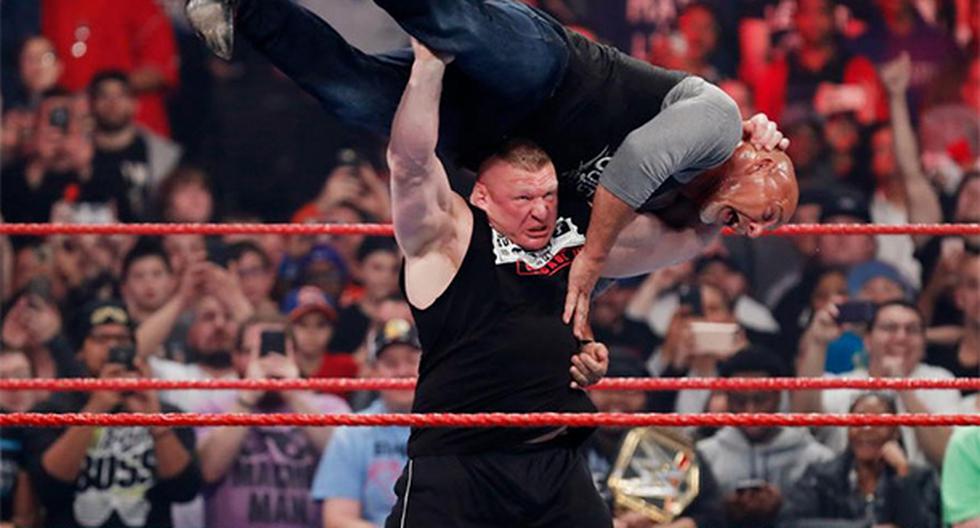 Brock Lesnar confrontó a Goldberg, quien venía de ganar el título universal en Fastlane ante Kevin Owens. La Bestia Encarnada le aplicó un F5 como previo a la pelea en Wrestlemania. (Foto: WWE)