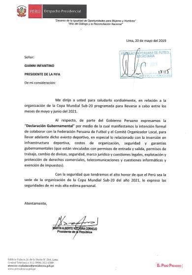 Carta del presidente Martín Vizcarra a la FIFA, en mayo de este año, para apoyar la candidatura al Mundial Sub 20 (nunca firmó por el torneo Sub 27).