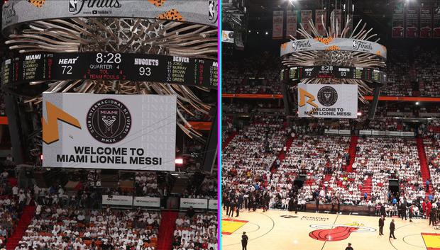 En el tercer partido de las finales de la NBA ante los Denver Nuggets, los Miami Heat le dieron la bienvenida a Messi. (Twitter: NBA México)