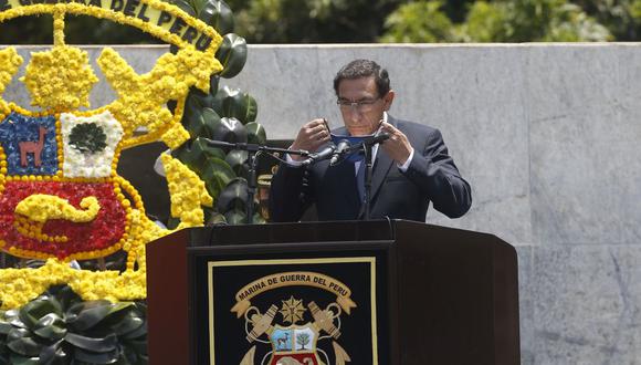 El presidente Martín Vizcarra pronuncia un discurso por la conmemoración del 199 aniversario de la Marina de Guerra del Perú y del 141 aniversario del Combate de Angamos, el pasado 8 de octubre. (Foto: Mario Zapata Nieto/@photo.gec).