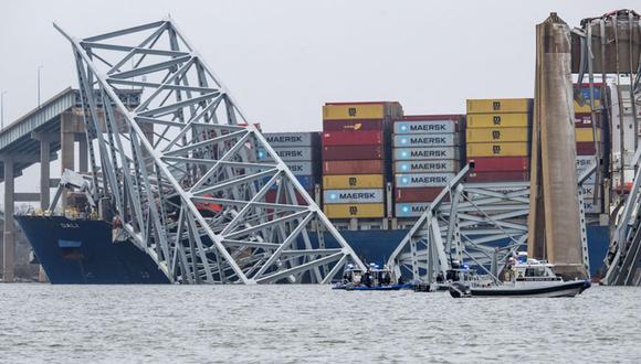 El puente Francis Scott Key colapsado se encuentra sobre el buque portacontenedores Dali en Baltimore, Maryland, el 27 de marzo de 2024 | Foto: JIM WATSON / AFP