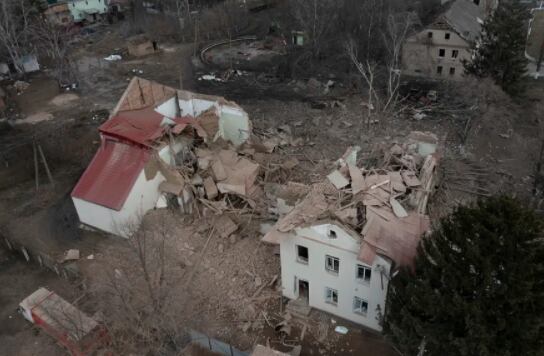 An aerial view of the remains of the house of local culture after an overnight airstrike in the town of Byshiv, 40 kilometers west of Kiev, Ukraine, on Friday, March 4, 2022. (Efrem Lukatsky - AP)