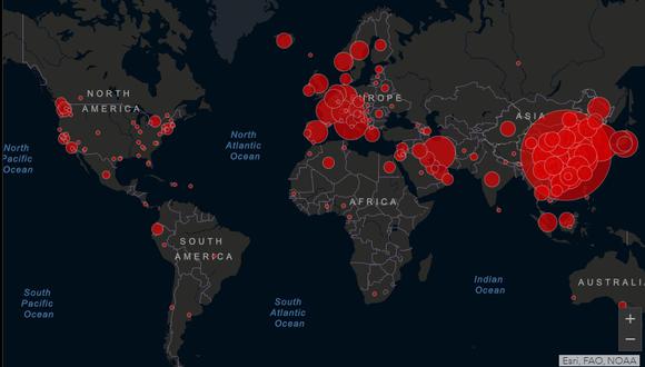 El avance del coronavirus en el mundo. (Imagen: Johns Hopkins University)