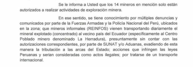 Oficio enviado a Sunat por parte del Gobierno Regional de Amazonas en el que piden controlar la salida ilegal del metal por la frontera del Cenepa.