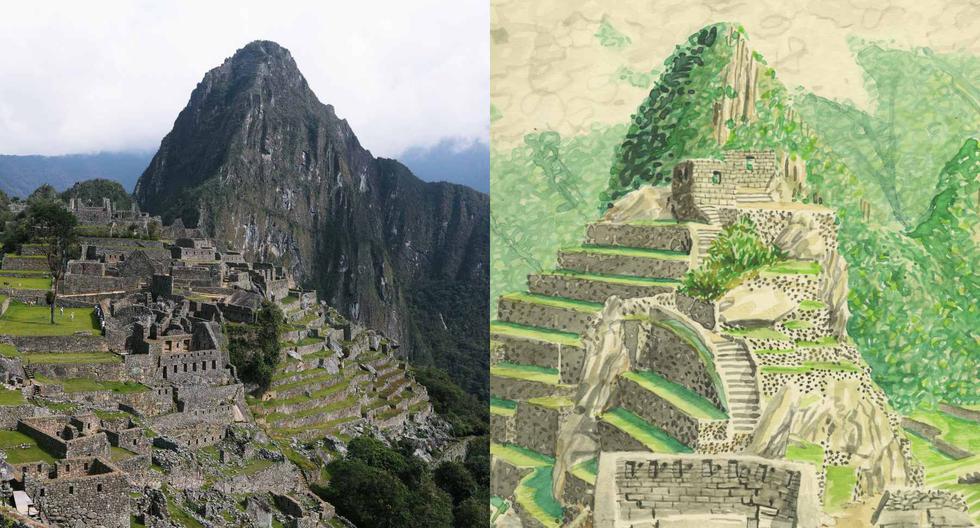 A la izquierda, Machu Picchu en un día normal de visitas turísticas. A la derecha, una de las acuarelas de Ángel Valdez del sitio arqueológico. El trabajo del artista plástico está en exhibición en Lima.