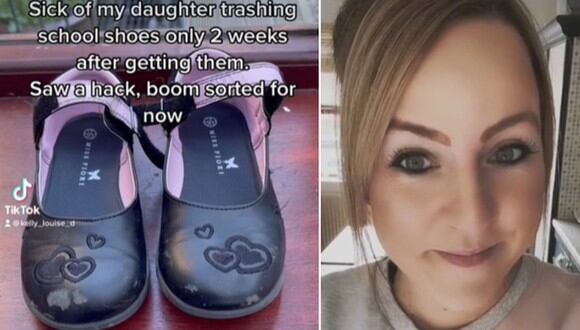 En esta imagen se aprecia el truco de una madre para arreglar los zapatos escolares de us hija. (Foto: @kelly_louise_d / TikTok)