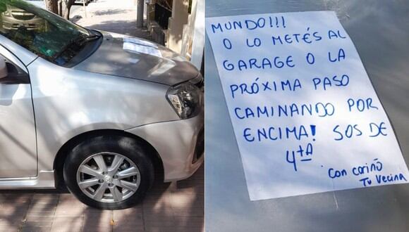 Mujer coloca advertencia a conductor por dejar estacionado a su vehículo en plena vereda. (Laura Rodríguez Torres / Facebook)