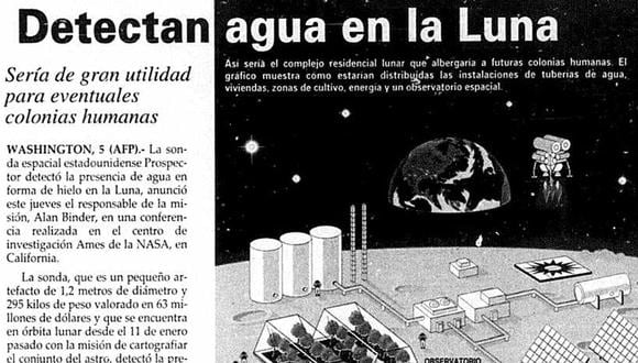 La noticia en la parte alta de la portada del diario El Comercio, en su edición del 6 de marzo de 1998. Agua en hielo y hasta se especulaba sobre implementar vida en la Luna. (Foto-titular: GEC Archivo Histórico)