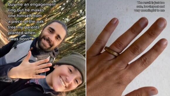 En esta imagen se aprecia a la mujer y su novio, que le propuso matrimonio con un trozo de madera convertido en anillo. (Foto: @hero_to_0 / TikTok)