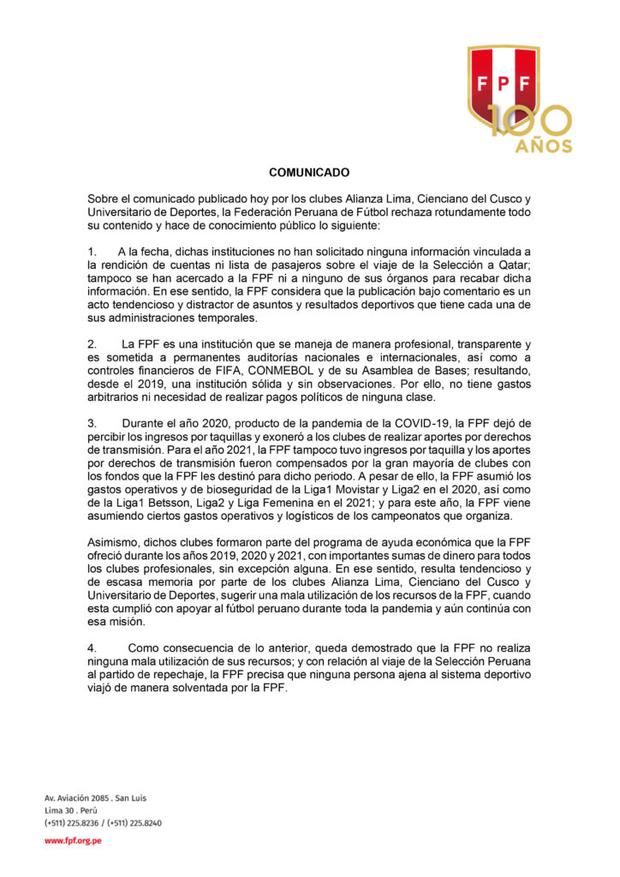 FPF responde al comunicado que enviaron Alianza Lima, Universitario y Cienciano.