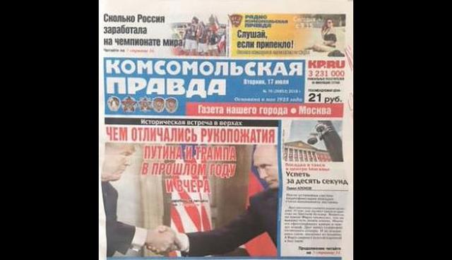 Komsomolskaya Pravda, de Rusia, publicó el titular: "Cómo el apretón de manos de ayer entre Putin y Trump es diferente al del año pasado". (Captura: Twitter)