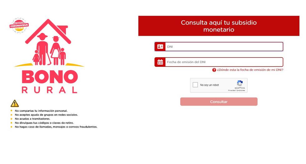 Así luce la web habilitada para saber si ha sido o no beneficiado con este subsidio. Los beneficiarios ha sido identificados en base a un padrón que ha tomado en cuenta datos del Sistema de Focalización de Hogares (SISFOH) del Midis. (Captura / Bonorural.pe)