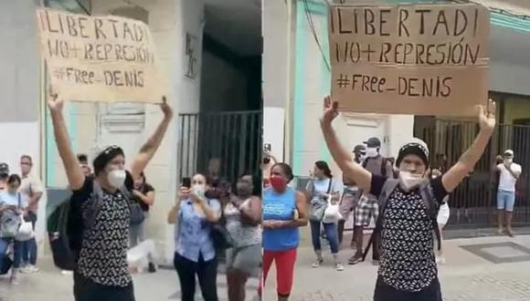 El 4 de diciembre de 2020, Luis Robles salió a una calle del centro de La Habana con una pancarta escrita a mano que decía: “Libertad no más represión / free Denis”. (Twitter).