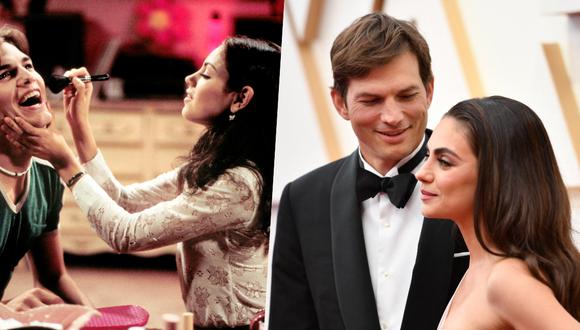 (Izquierda) Ashton Kutcher y Mila Kunis en  “That ‘70s Show”. (Derecha) la pareja en la 94 edición de los Oscars en marzo de 2022. Foto: AFP