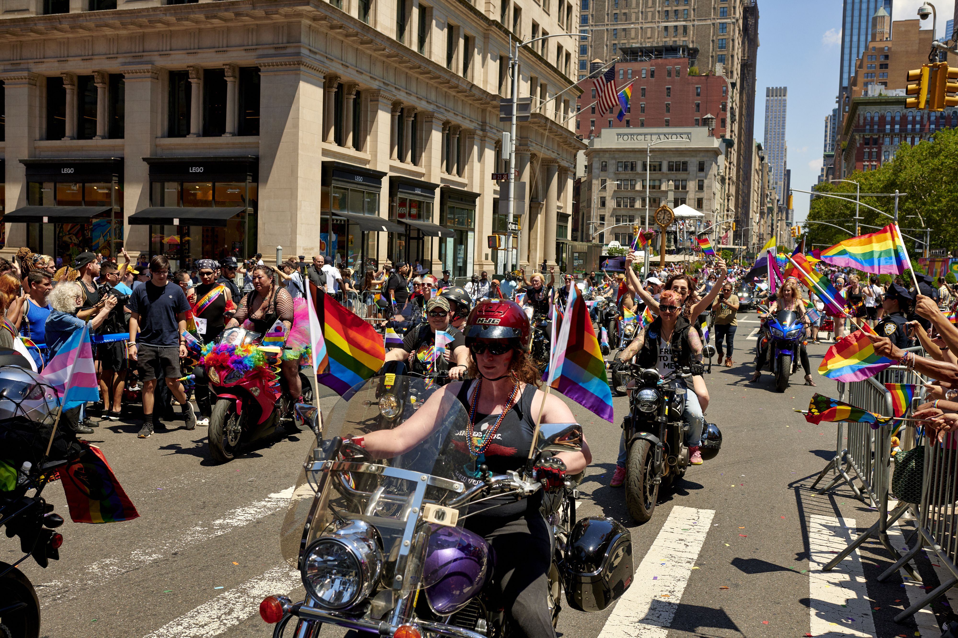Attendees ride motorcycles during the New York City Pride March in New York, USA.