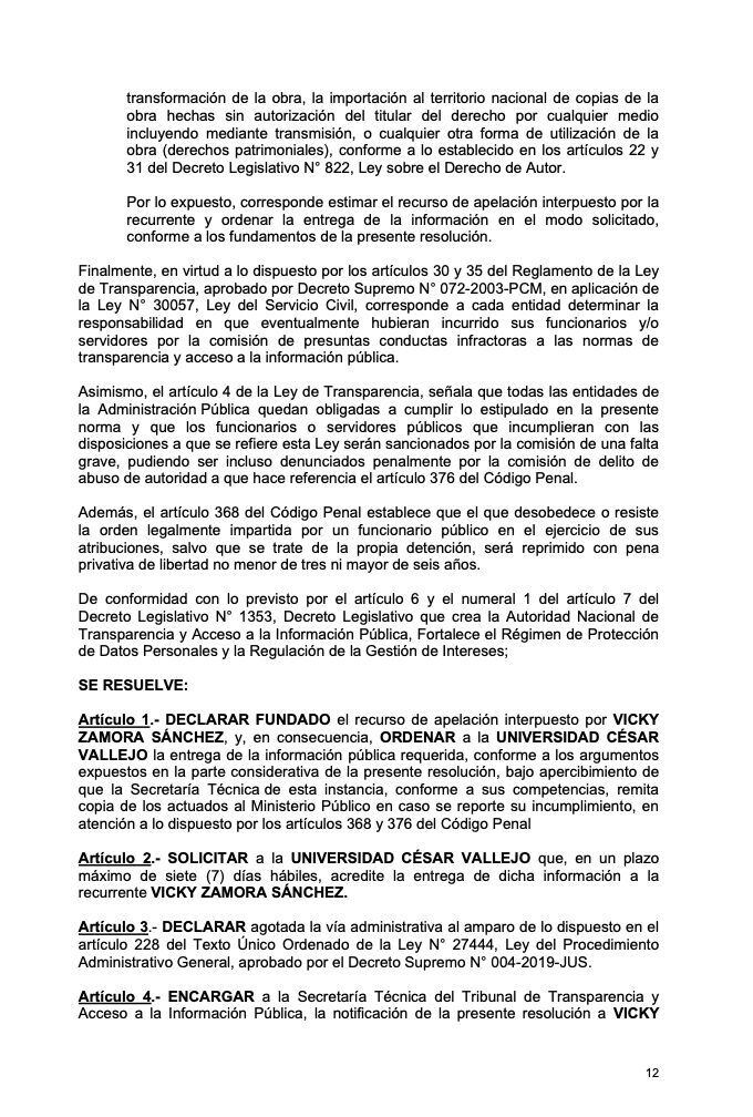 Resolución del Tribunal de Transparencia y Acceso a la Información Pública del Ministerio de Justicia y Derechos Humanos a favor de periodista Vicky Zamora.