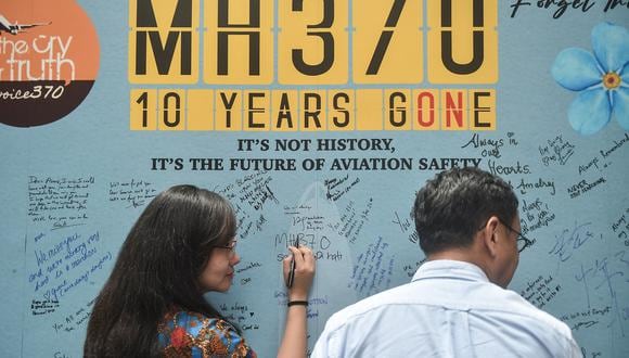 Un evento para conmemorar el décimo aniversario desde que el vuelo MH370 de Malaysia Airlines desapareció de las pantallas de radar el 8 de marzo de 2014, en Subang. Jaya el 3 de marzo de 2024. (Foto de Arif Kartono / AFP)