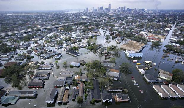 Floods caused by Hurricane Katrina cover the streets of New Orleans on August 30, 2005.