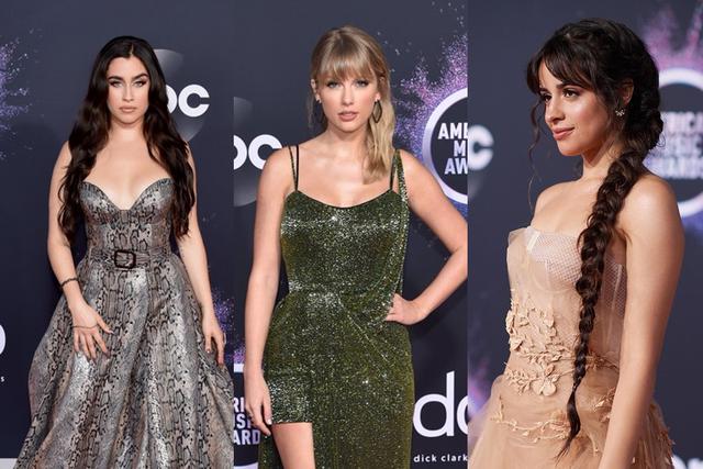 De izquierda a derecha: Lauren Jauregui, Taylor Swift y Camila Cabello en la alfombra roja de los AMAs 2019.