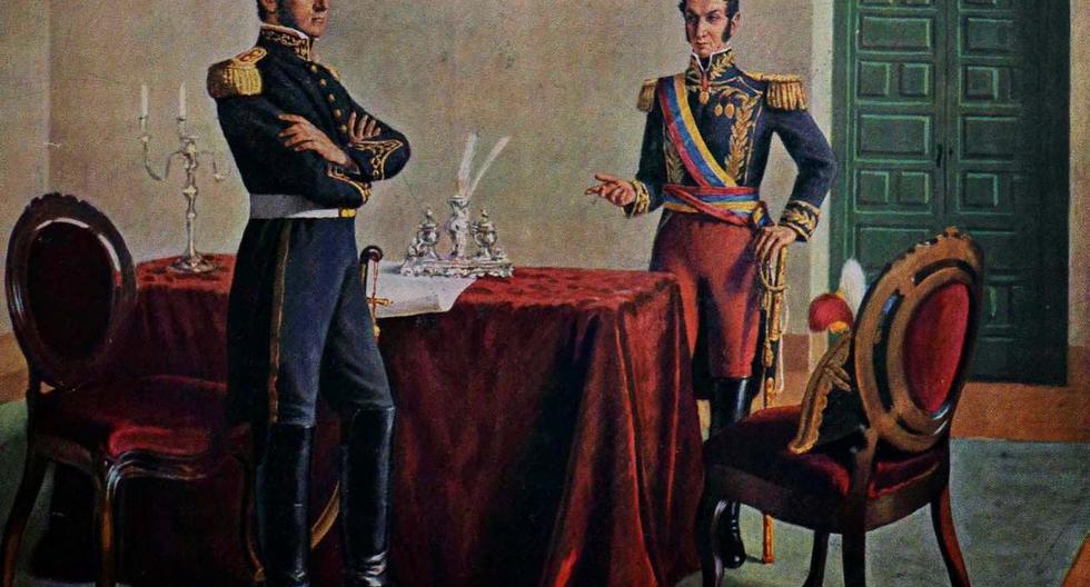 Libertadores José de San Martín y Simón Bolivar, reunidos en la llamada Entrevista de Guayaquil, en 26 y 27 de julio de 1822.
