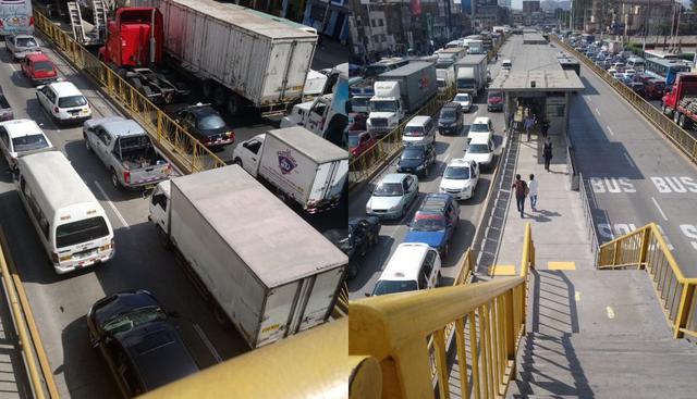 Si bien Protransporte, entidad de la Municipalidad de Lima, indicó que el corredor segregado solo lo estaban usando los vehículos particulares, en algunos tramos se pudo ver camiones en dicha vía. Esto originó que las unidades del Metropolitano se desplacen de manera lenta. (Twitter)