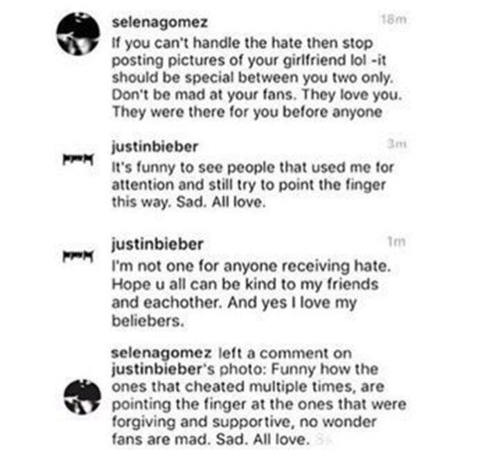 Mensajes de Justin Bieber y Selena Gómez. (Fuente: Instagram)