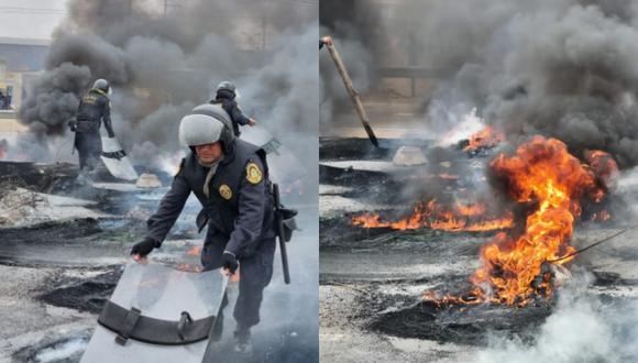 Tras desalojo, un grupo de vecinos de la Asociación Súmac Pacha bloqueó un tramo de la Panamericana Sur usando llantas quemadas. (Foto: PNP)