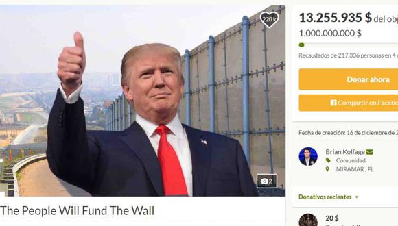 GoFundMe: Colecta online para financiar el muro de Donald Trump recauda varios millones de dólares.