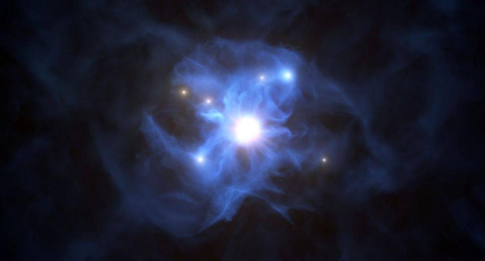 Imagen muestra agujero negro central y las galaxias atrapadas en su red de gas. El agujero negro, junto con el disco que lo rodea, se conoce como quásar SDSS J103027.09 052455.0.(Foto:ESO/L.Calçada)