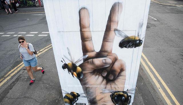 A woman passes a street-art graffiti mural, created following the May 22 terror attack at the Manchester Arena, featuring bees, which are synonymous with Manchester as a symbol of the city's industrial heritage, in Stevenson Square, Manchester, northwest England on May 25, 2017. Britain Thursday closed in on a jihadist network thought to be behind the May 22, 2017 Ariana Grande concert attack, as grief mixed with anger at the US over leaked material from the probe. Britain has raised its terror alert to the maximum level and ordered troops to protect strategic sites after 22 people were killed in a suicide bomb attack on a Manchester pop concert. / AFP