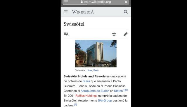 Además, temporalmente se modificó el perfil del Swissotel en Wikipedia.