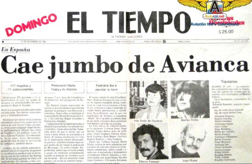 The cover of the newspaper El Tiempo to report on the tragedy.  (Courtesy volavi.co).